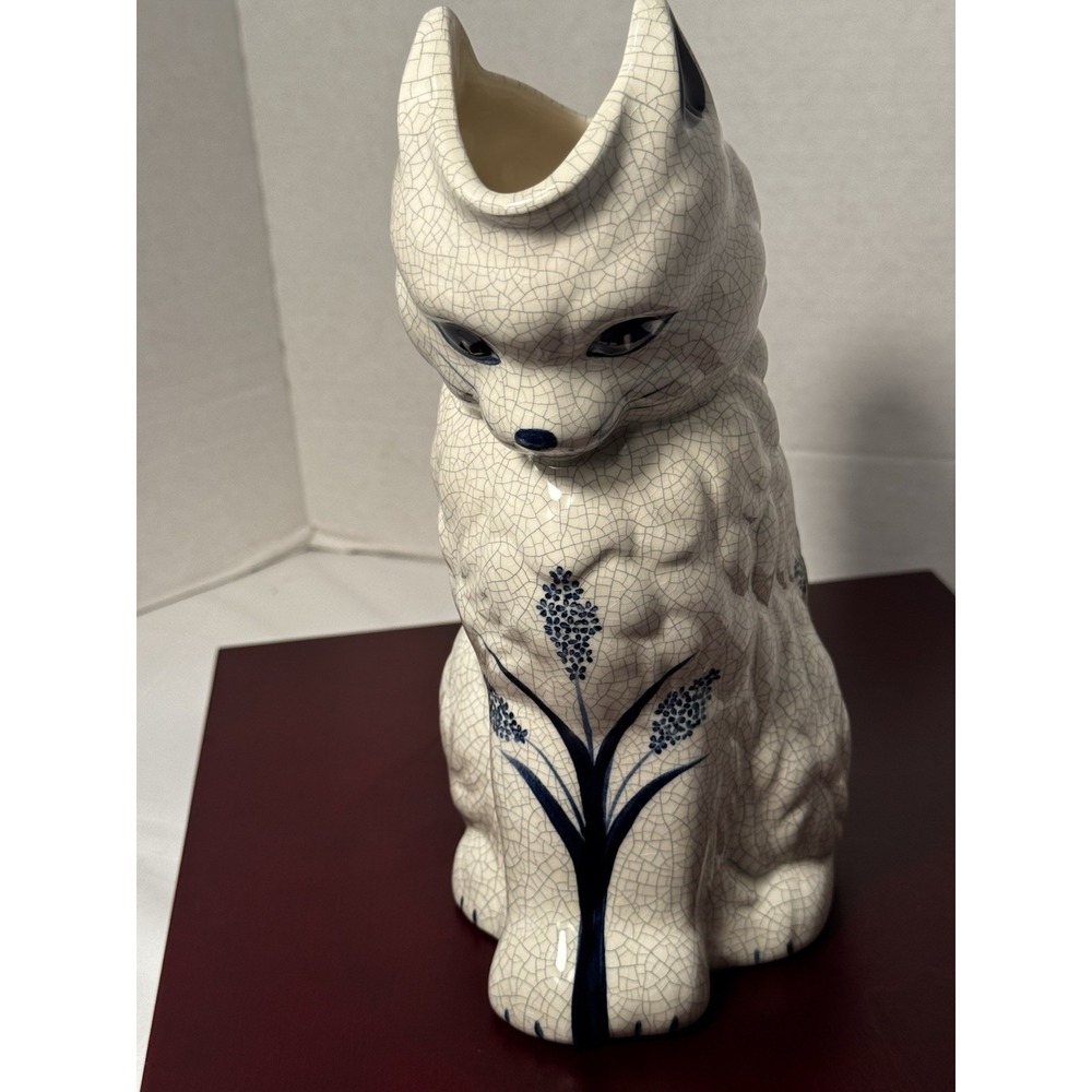 Ceramic Cat Shaped Pitcher White Blue Floral Glossy Pottery Decorative